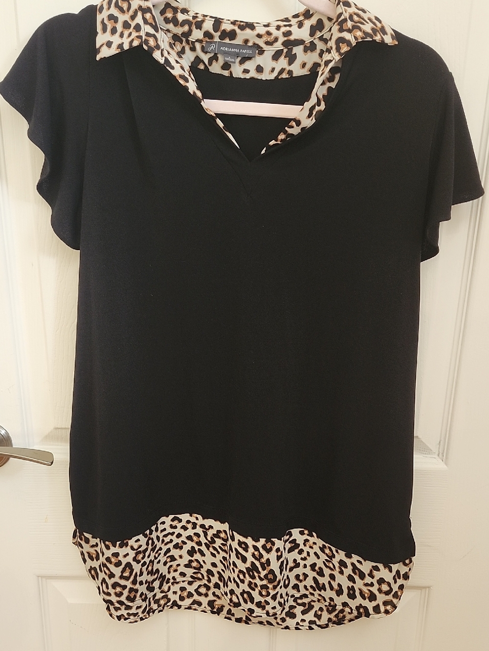 Adrianna Papell Black Blouse with Leopard-Print Collar and Hem